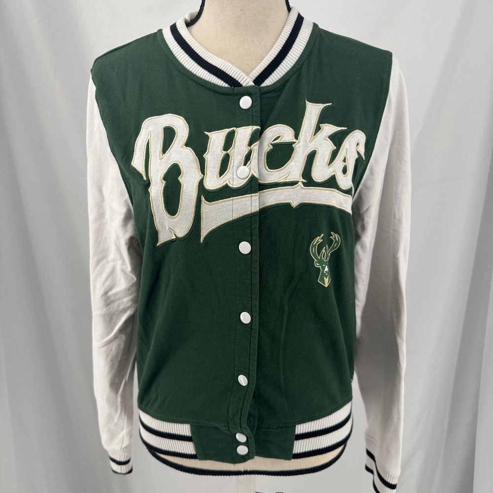 5th & Ocean NBA Milwaukee Bucks Varsity Jacket Green White Women Small New Era